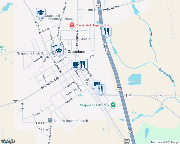 map of restaurants, bars, coffee shops, grocery stores, and more near 215 South College Street in Grapeland