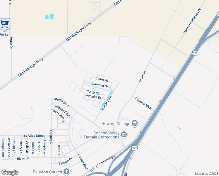 map of restaurants, bars, coffee shops, grocery stores, and more near Cultus Street in San Angelo