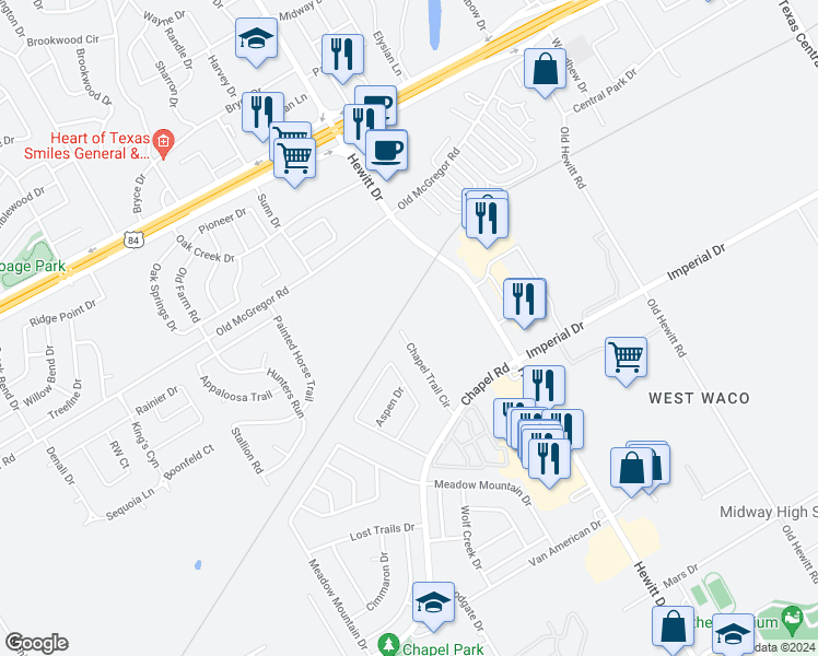 map of restaurants, bars, coffee shops, grocery stores, and more near 513 Chapel Trail Circle in Waco