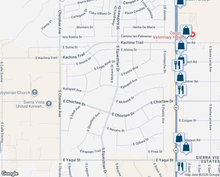 map of restaurants, bars, coffee shops, grocery stores, and more near 3155 Kalispell Avenue in Sierra Vista