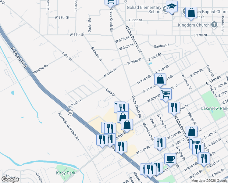 map of restaurants, bars, coffee shops, grocery stores, and more near 2900-3298 Lake Drive in San Angelo