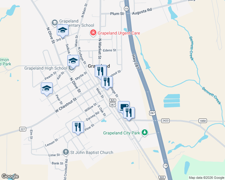 map of restaurants, bars, coffee shops, grocery stores, and more near 215 South College Street in Grapeland