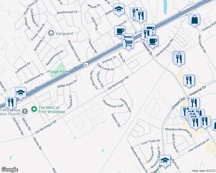 map of restaurants, bars, coffee shops, grocery stores, and more near 9519 Oak Springs Drive in Waco