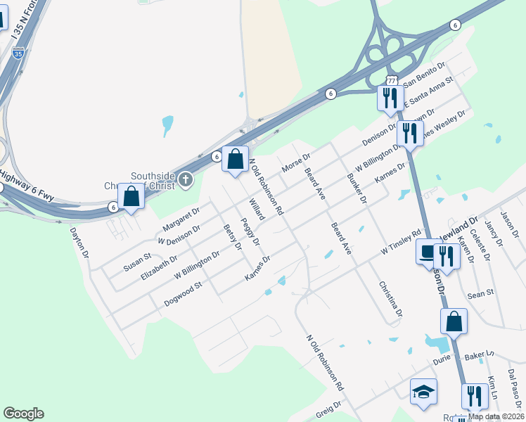 map of restaurants, bars, coffee shops, grocery stores, and more near 1005 Willard in Robinson