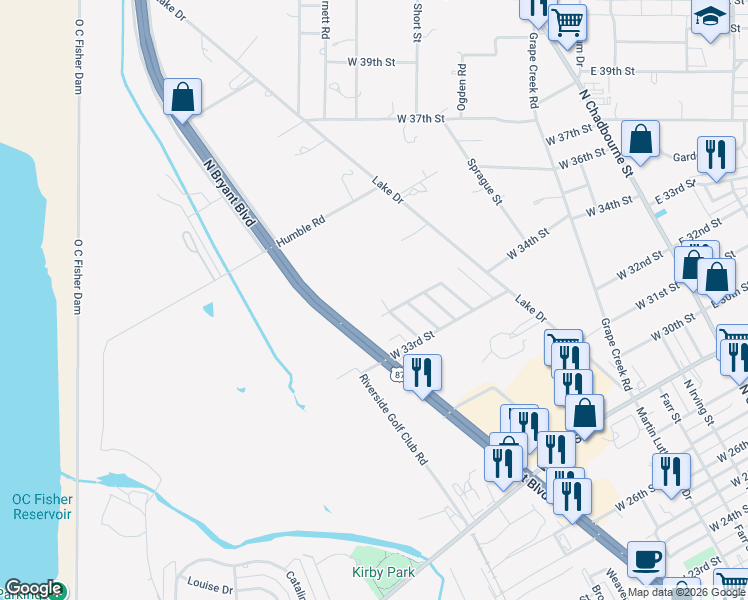 map of restaurants, bars, coffee shops, grocery stores, and more near 3353 Erin Street in San Angelo