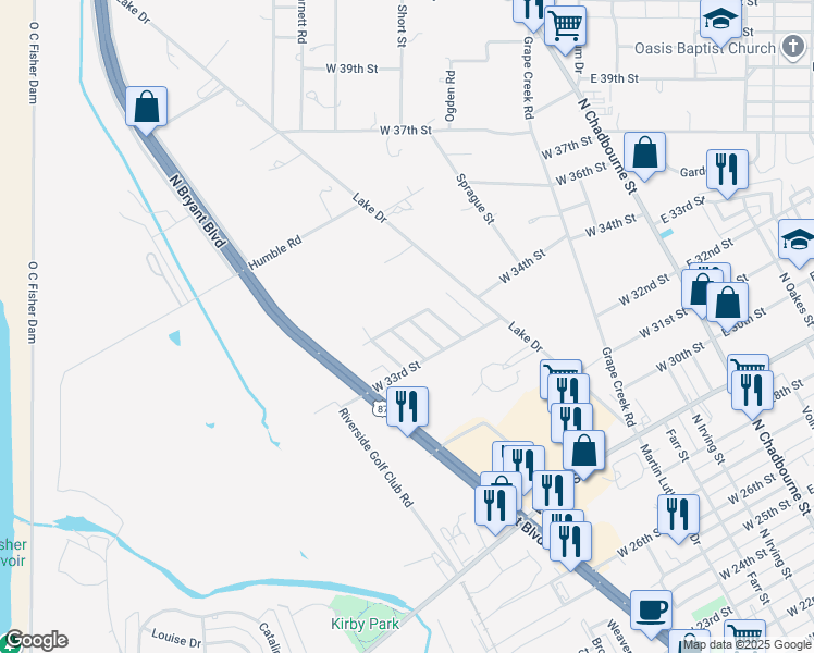map of restaurants, bars, coffee shops, grocery stores, and more near 3333 Adrian Street in San Angelo