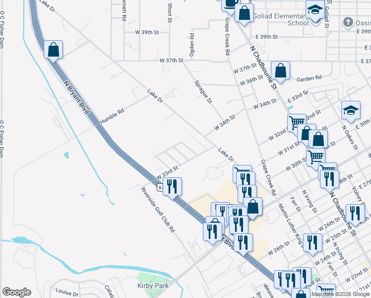 map of restaurants, bars, coffee shops, grocery stores, and more near 3318-3326 Ridgemar Drive in San Angelo