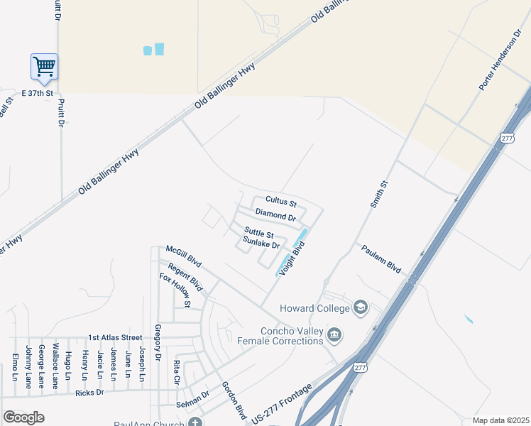 map of restaurants, bars, coffee shops, grocery stores, and more near Diamond Drive in San Angelo