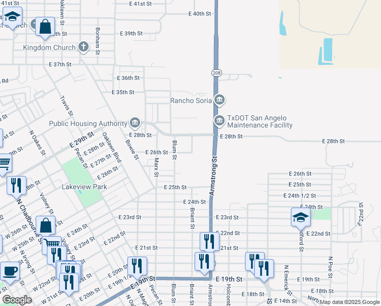 map of restaurants, bars, coffee shops, grocery stores, and more near East 26th Street in San Angelo