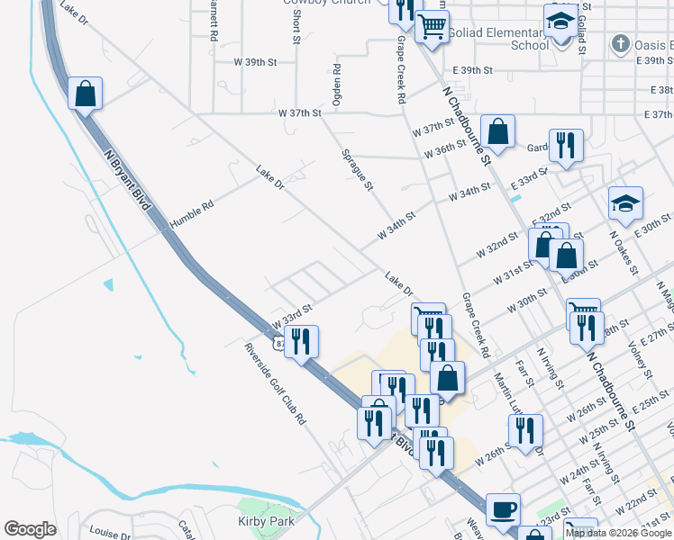 map of restaurants, bars, coffee shops, grocery stores, and more near 3318 Ridgemar Drive in San Angelo