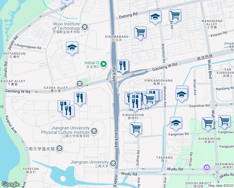 map of restaurants, bars, coffee shops, grocery stores, and more near Li Hu Da Dao in Wuxi Shi