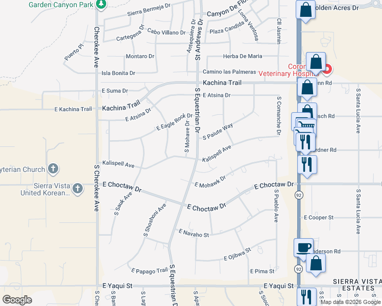 map of restaurants, bars, coffee shops, grocery stores, and more near 3155 Kalispell Avenue in Sierra Vista