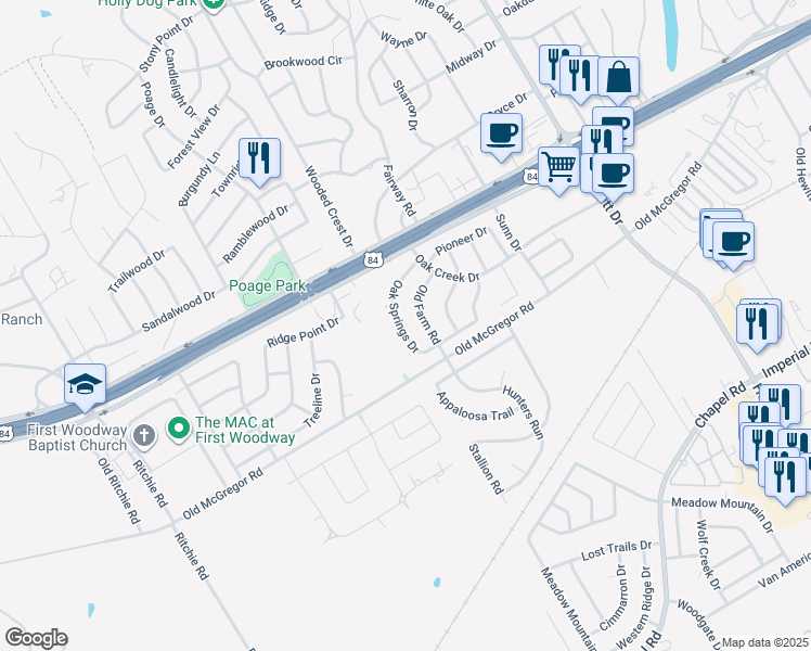 map of restaurants, bars, coffee shops, grocery stores, and more near 9616 Oak Springs Drive in Waco