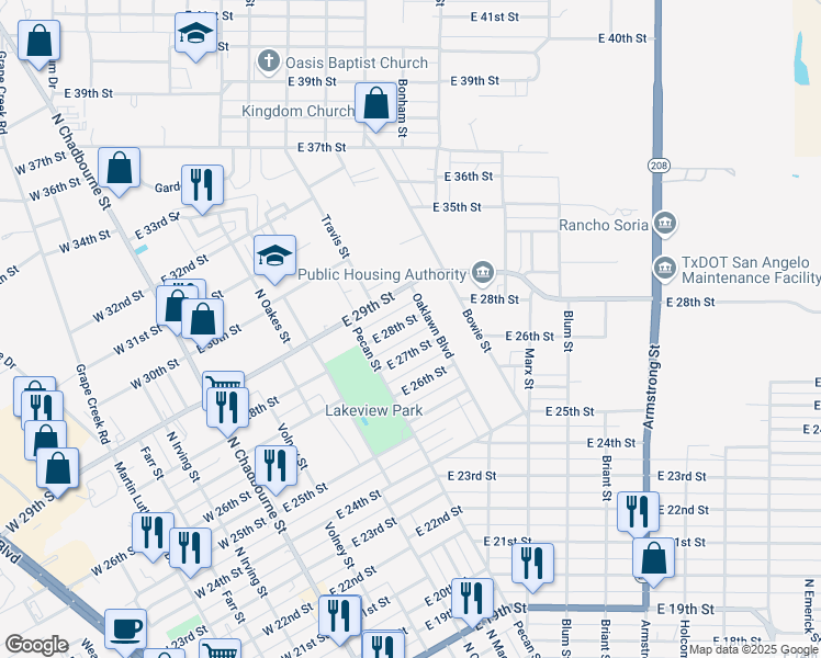 map of restaurants, bars, coffee shops, grocery stores, and more near 300-398 East 27th Street in San Angelo
