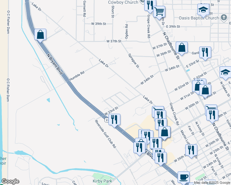 map of restaurants, bars, coffee shops, grocery stores, and more near 3333 Adrian Street in San Angelo
