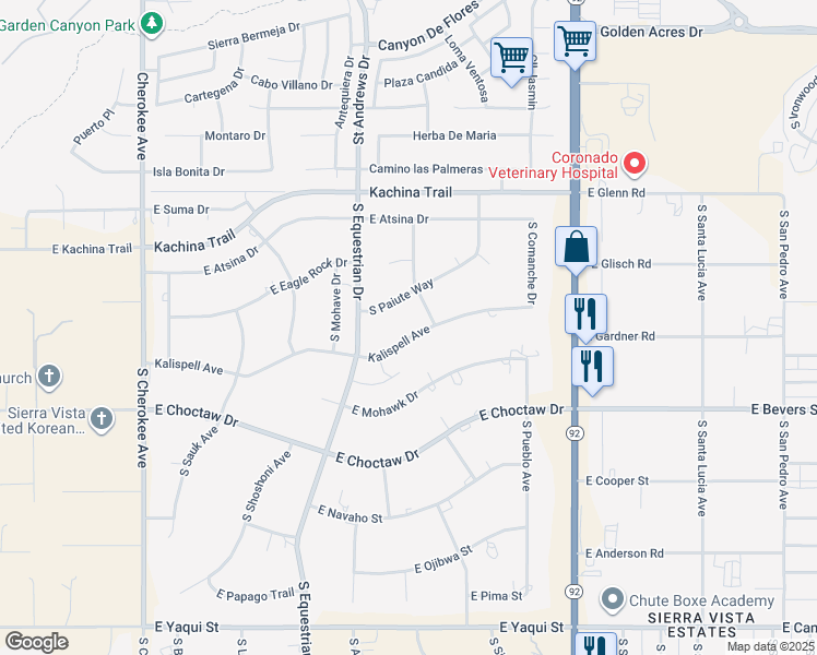 map of restaurants, bars, coffee shops, grocery stores, and more near 3411 Kalispell Avenue in Sierra Vista