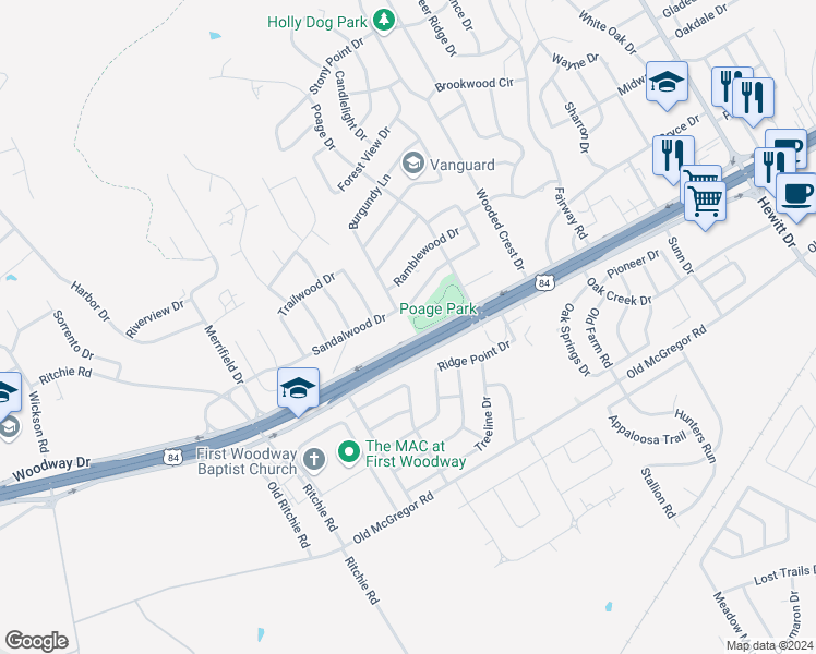 map of restaurants, bars, coffee shops, grocery stores, and more near 10029 Woodway Drive in Woodway