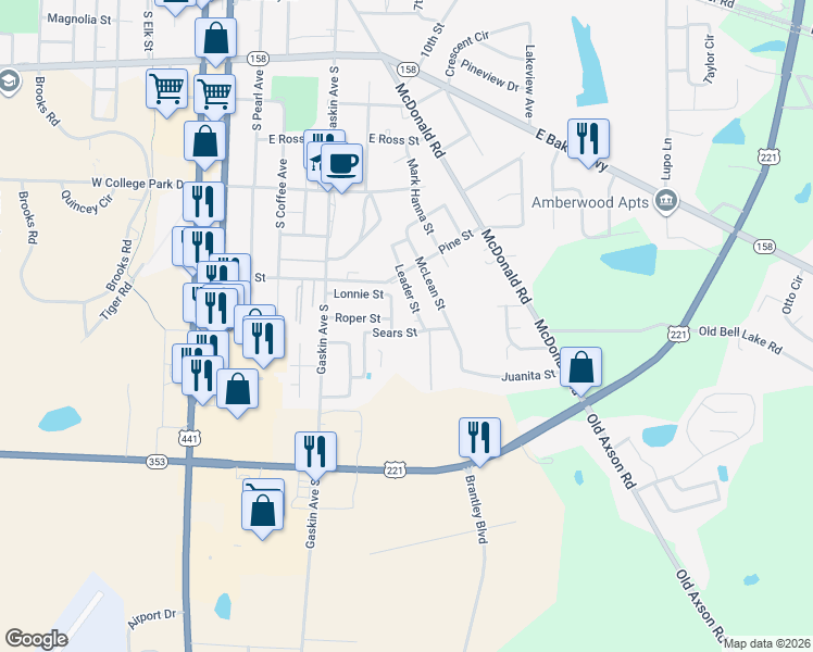 map of restaurants, bars, coffee shops, grocery stores, and more near 1406 Leader Street in Douglas