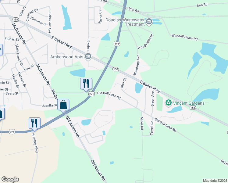 map of restaurants, bars, coffee shops, grocery stores, and more near 1131 Old Bell Lake Road in Douglas
