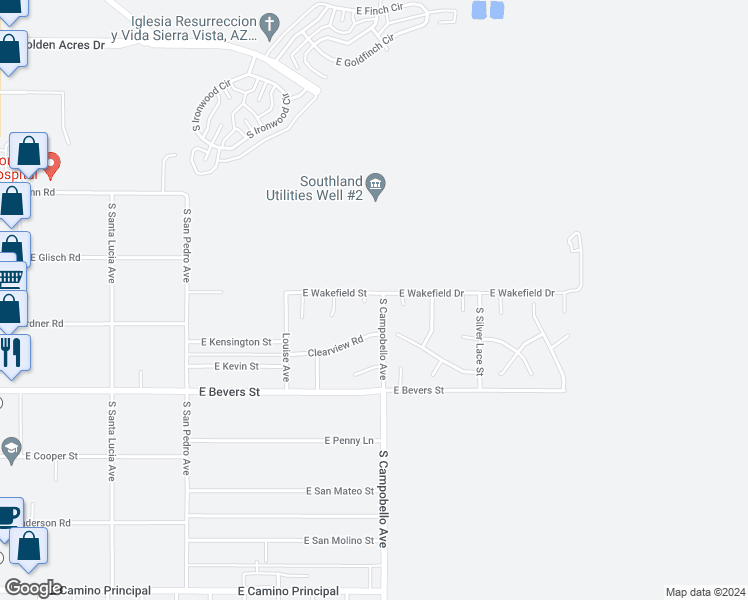 map of restaurants, bars, coffee shops, grocery stores, and more near 4215 South Lyle Court in Sierra Vista
