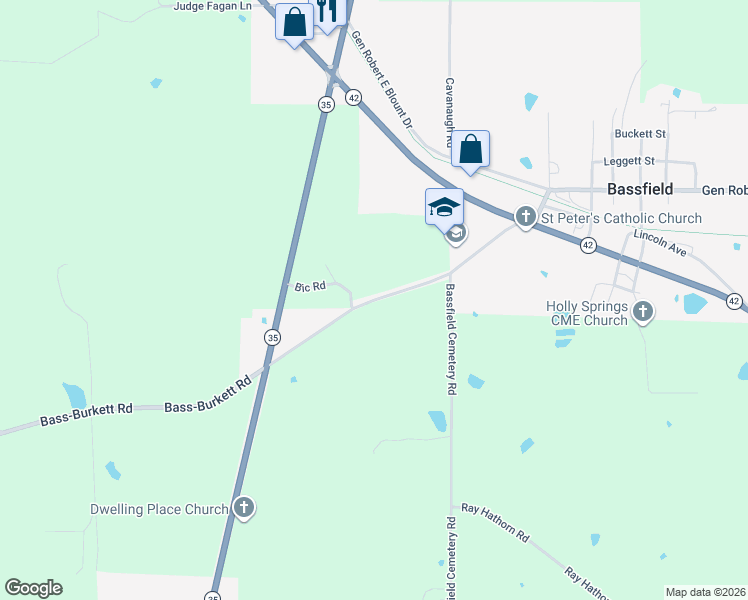 map of restaurants, bars, coffee shops, grocery stores, and more near Bass-Burkett Road in Bassfield