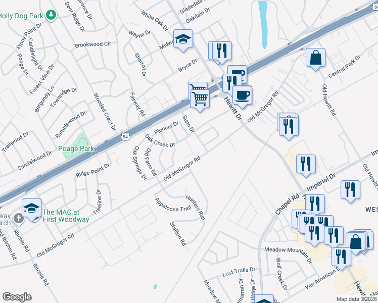 map of restaurants, bars, coffee shops, grocery stores, and more near 9405 Mesa Verde Circle in Waco