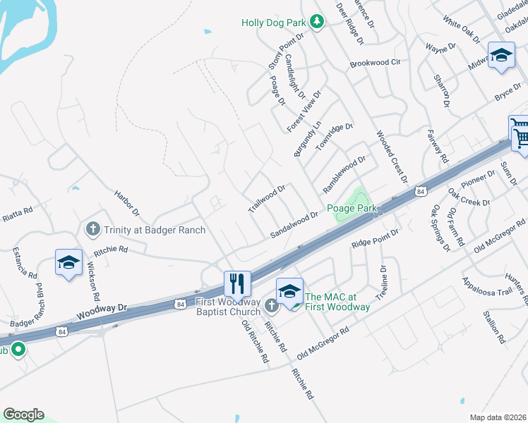 map of restaurants, bars, coffee shops, grocery stores, and more near 208 Woodfall Drive in Waco