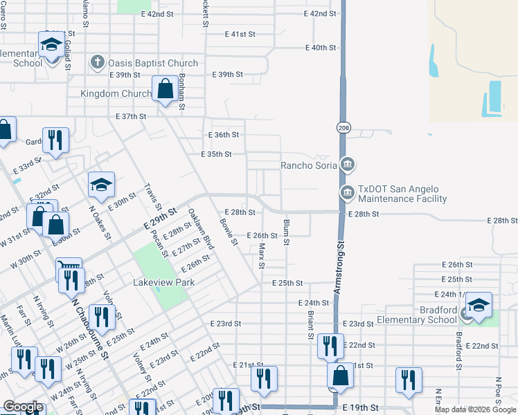 map of restaurants, bars, coffee shops, grocery stores, and more near Marx Street in San Angelo