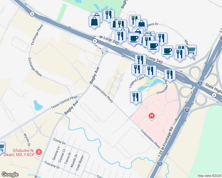 map of restaurants, bars, coffee shops, grocery stores, and more near 2400 Corporation Parkway in Waco