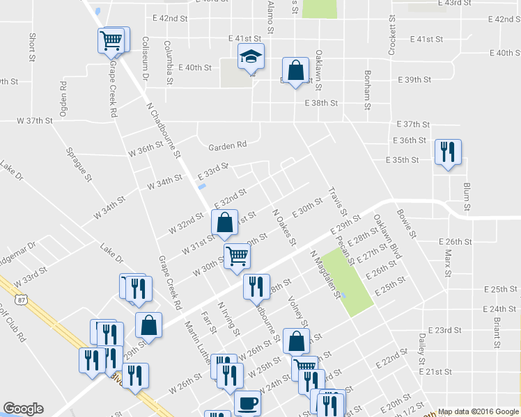 map of restaurants, bars, coffee shops, grocery stores, and more near 80 East 31st Street in San Angelo
