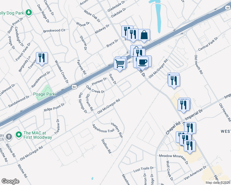 map of restaurants, bars, coffee shops, grocery stores, and more near 9405 Mesa Verde Circle in Waco
