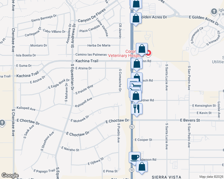 map of restaurants, bars, coffee shops, grocery stores, and more near 3735 Kalispell Avenue in Sierra Vista