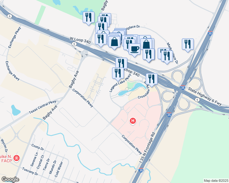 map of restaurants, bars, coffee shops, grocery stores, and more near 5620 Legend Lake Parkway in Waco