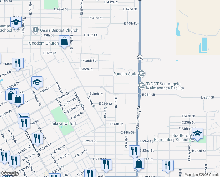 map of restaurants, bars, coffee shops, grocery stores, and more near Marx Street in San Angelo