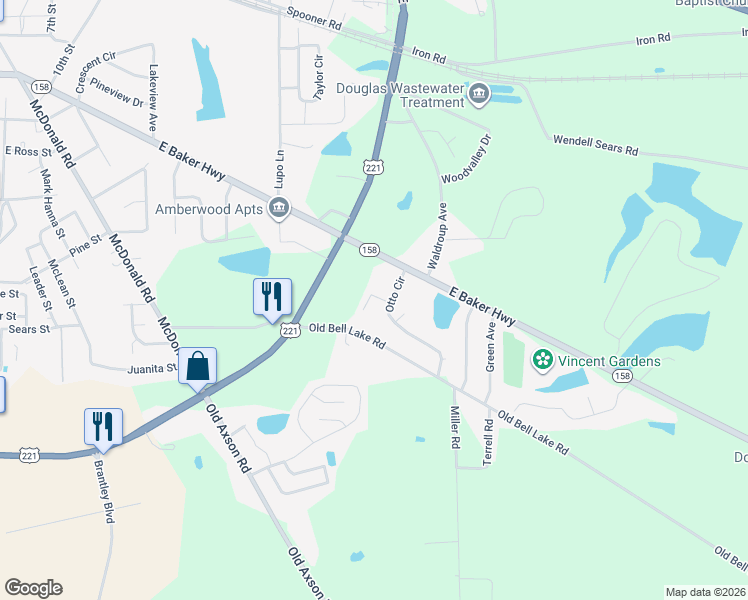 map of restaurants, bars, coffee shops, grocery stores, and more near 1131 Old Bell Lake Road in Douglas
