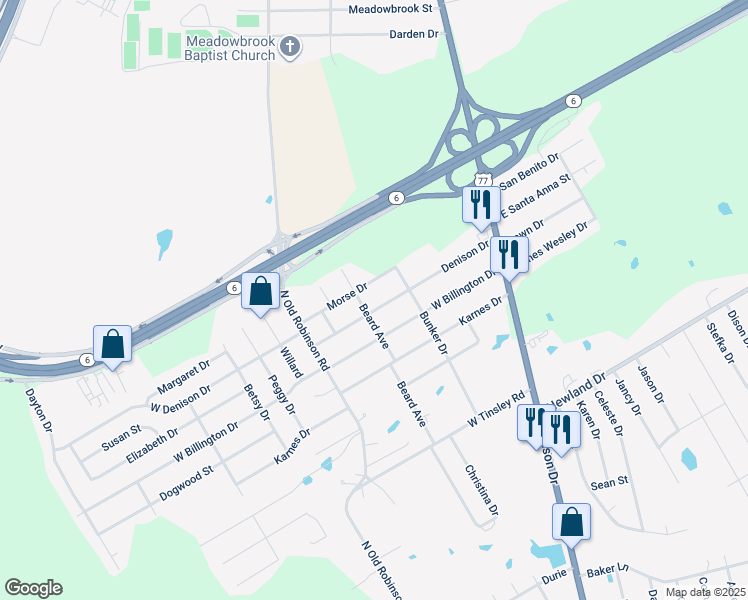 map of restaurants, bars, coffee shops, grocery stores, and more near 209 Denison Drive in Waco