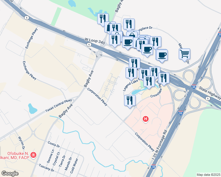 map of restaurants, bars, coffee shops, grocery stores, and more near 2400 Corporation Parkway in Waco