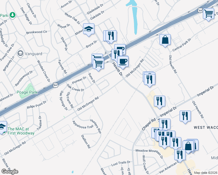 map of restaurants, bars, coffee shops, grocery stores, and more near 9307 Oak Hill Drive in Waco