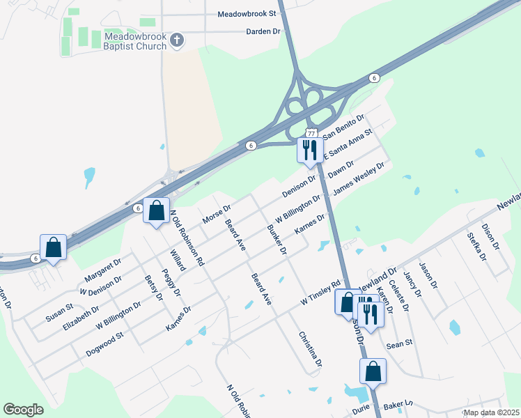 map of restaurants, bars, coffee shops, grocery stores, and more near 199 Denison Drive in Robinson