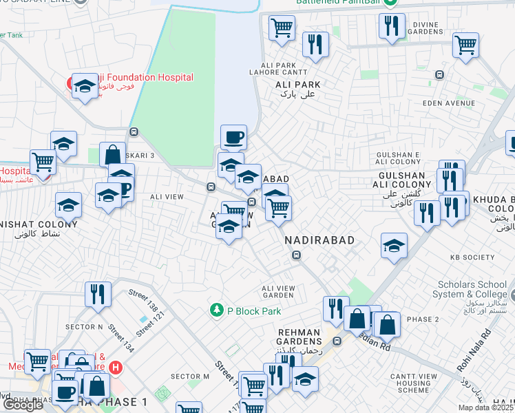 map of restaurants, bars, coffee shops, grocery stores, and more near Bedian Road in Lahore