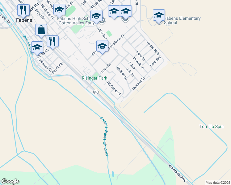 map of restaurants, bars, coffee shops, grocery stores, and more near 1310 Northeast Camp Street in Fabens