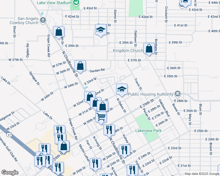 map of restaurants, bars, coffee shops, grocery stores, and more near 79 East 32nd Street in San Angelo