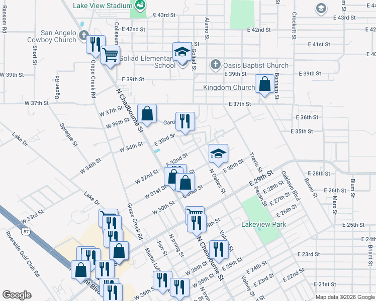 map of restaurants, bars, coffee shops, grocery stores, and more near 79 East 32nd Street in San Angelo
