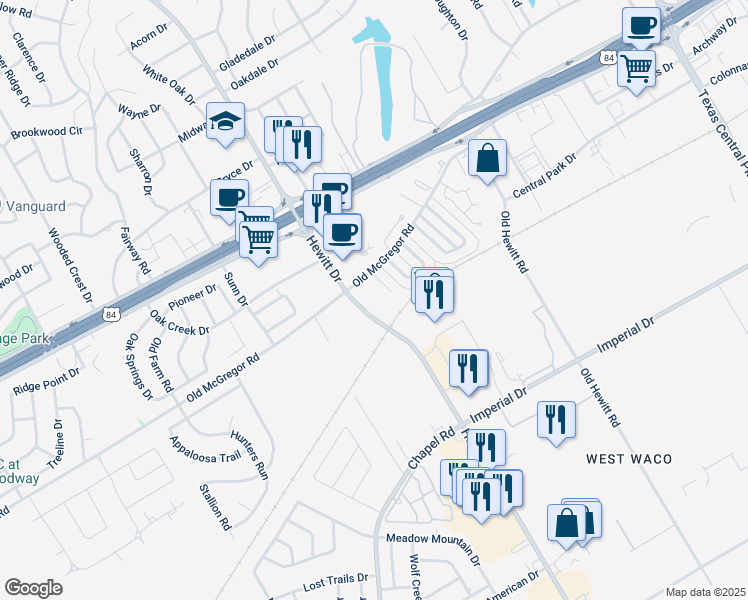 map of restaurants, bars, coffee shops, grocery stores, and more near 333 Mill Creek Road in Waco
