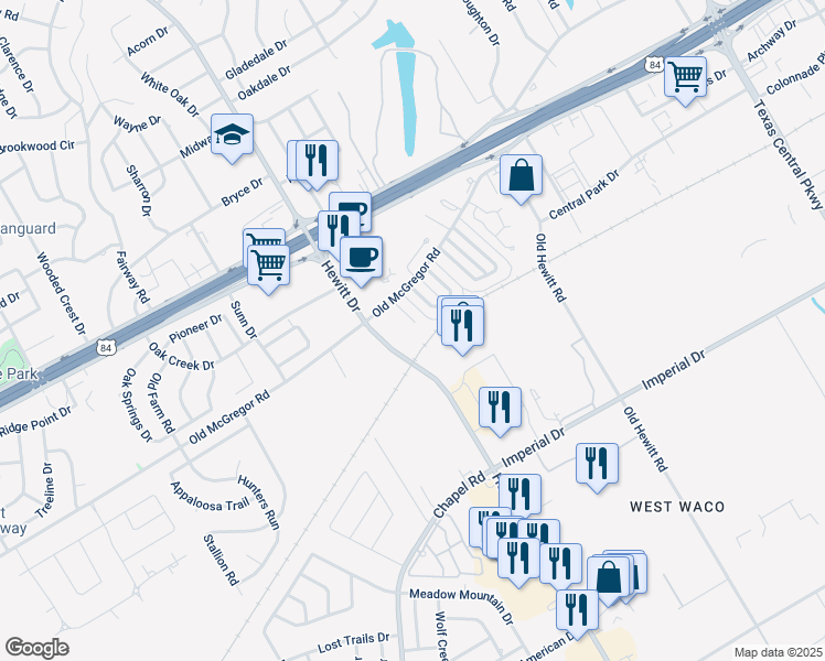 map of restaurants, bars, coffee shops, grocery stores, and more near 333 Mill Creek Road in Waco