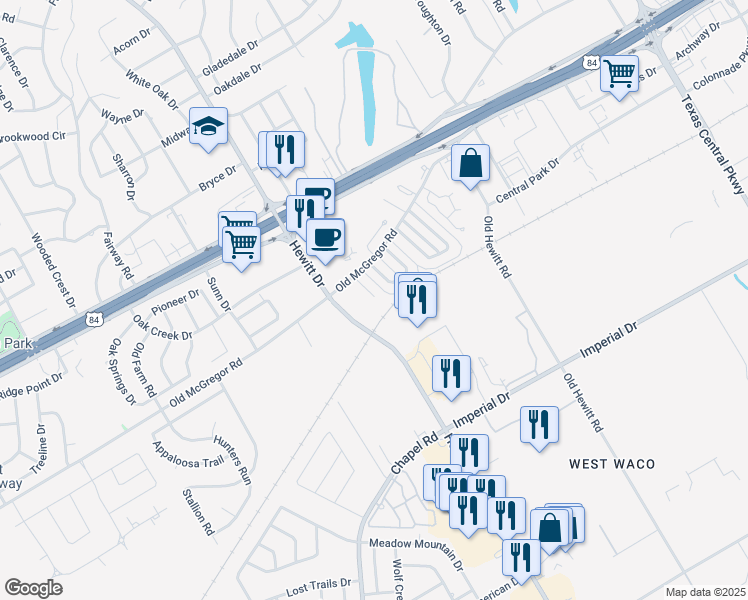 map of restaurants, bars, coffee shops, grocery stores, and more near 333 Mill Creek Circle in Waco