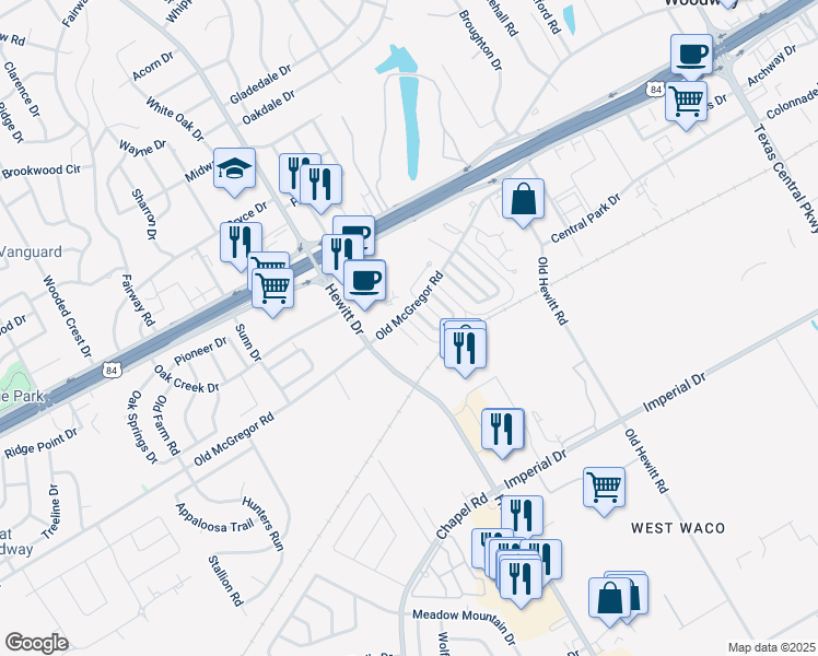 map of restaurants, bars, coffee shops, grocery stores, and more near 374 Mill Creek Road in Waco