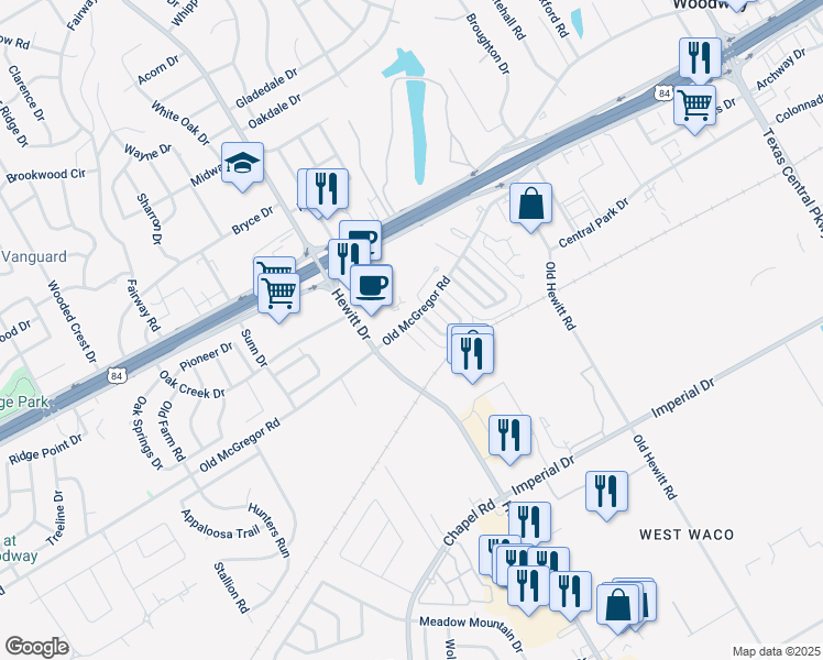 map of restaurants, bars, coffee shops, grocery stores, and more near 374 Mill Creek Road in Waco