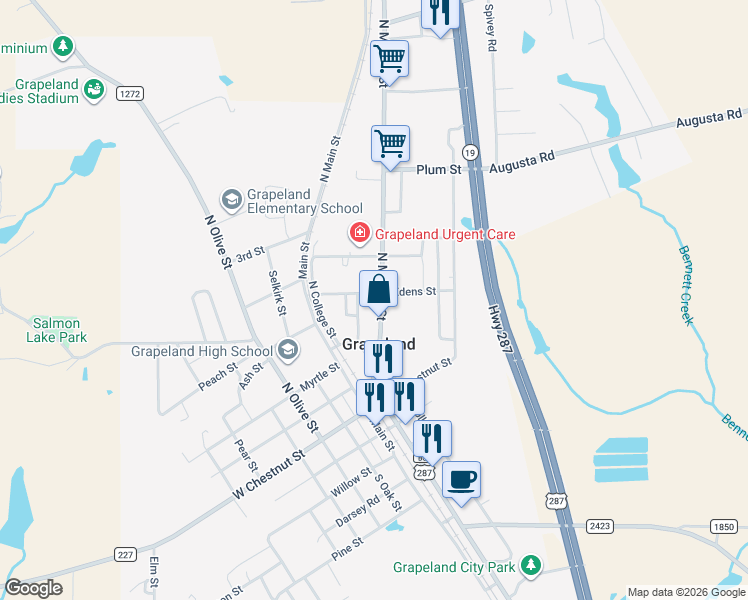 map of restaurants, bars, coffee shops, grocery stores, and more near 305 Edens Street in Grapeland
