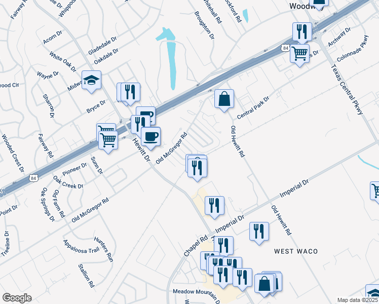map of restaurants, bars, coffee shops, grocery stores, and more near 319 Mill Creek Road in Waco